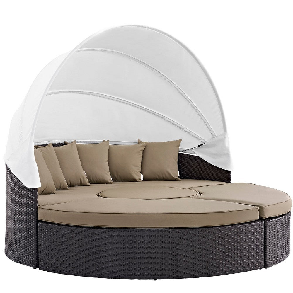 Modway Convene Wicker Rattan Outdoor Patio Retractable Canopy Round Poolside Sectional Sofa Daybed with Cushions in Espresso Mocha