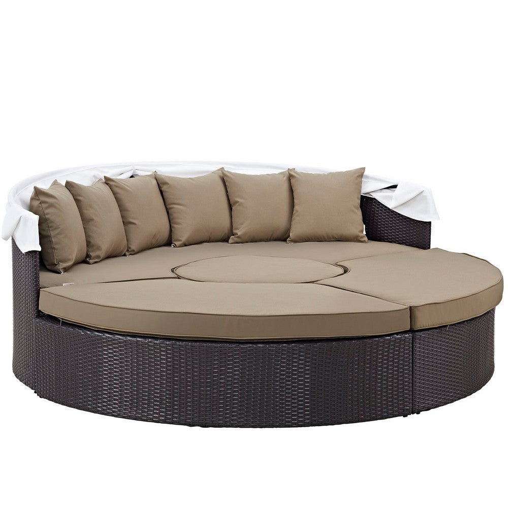 Modway Convene Wicker Rattan Outdoor Patio Retractable Canopy Round Poolside Sectional Sofa Daybed with Cushions in Espresso Mocha