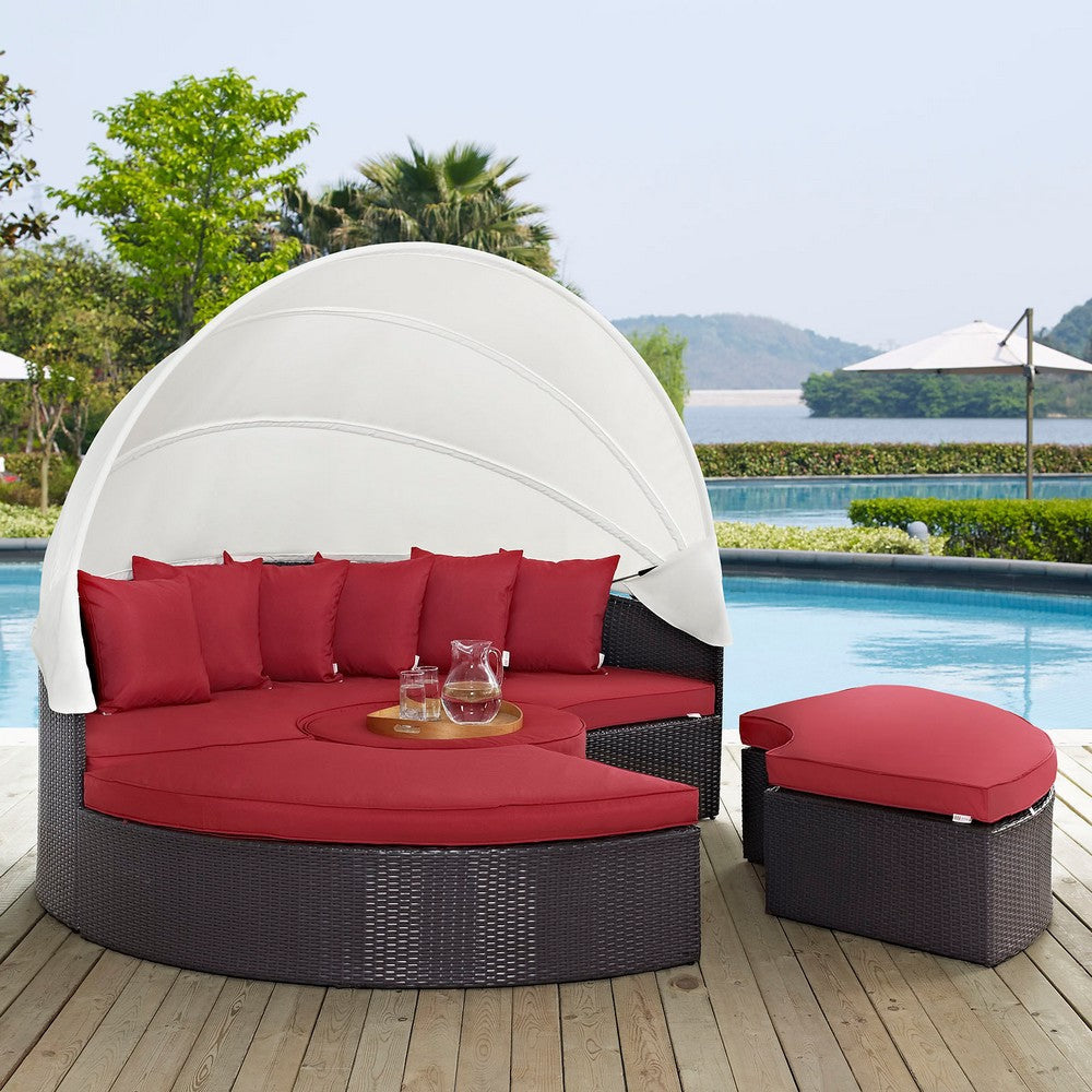 Modway Convene Wicker Rattan Outdoor Patio Retractable Canopy Round Poolside Sectional Sofa Daybed with Cushions in Espresso Red