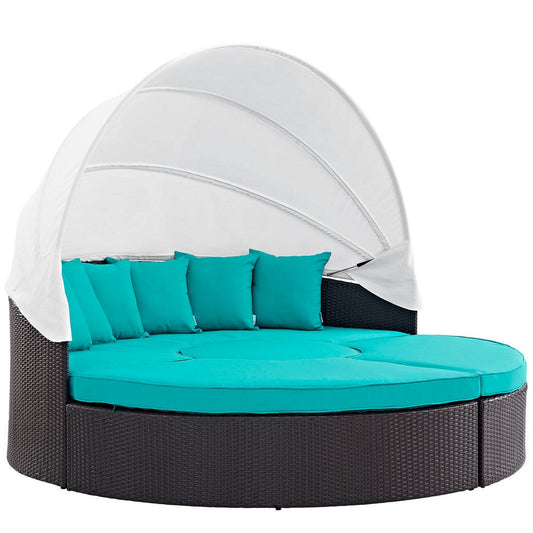 Modway Convene Wicker Rattan Outdoor Patio Retractable Canopy Round Poolside Sectional Sofa Daybed with Cushions in Espresso Turquoise