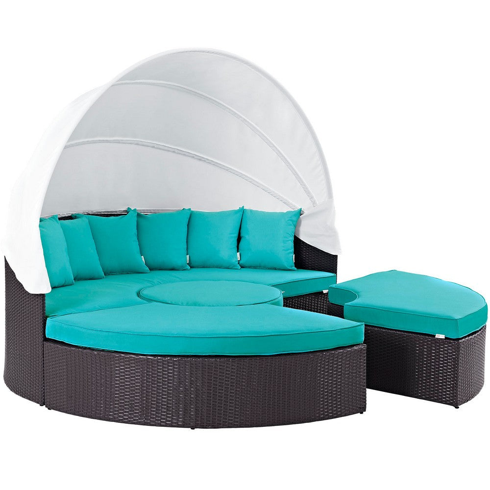 Modway Convene Wicker Rattan Outdoor Patio Retractable Canopy Round Poolside Sectional Sofa Daybed with Cushions in Espresso Turquoise