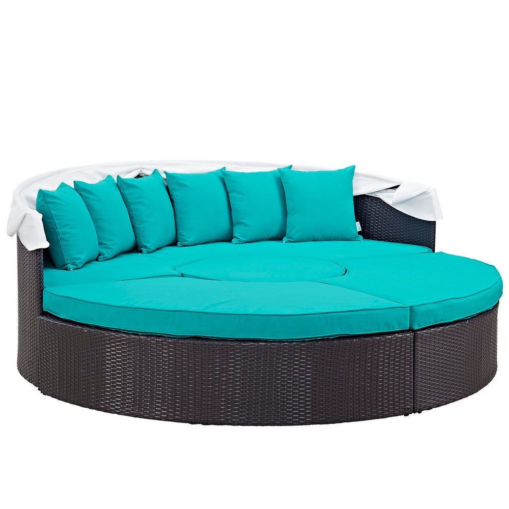 Modway Convene Wicker Rattan Outdoor Patio Retractable Canopy Round Poolside Sectional Sofa Daybed with Cushions in Espresso Turquoise