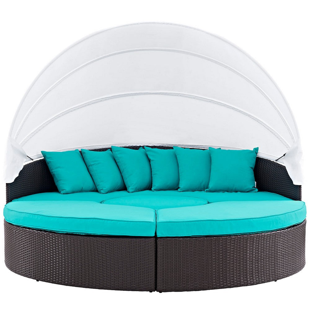 Modway Convene Wicker Rattan Outdoor Patio Retractable Canopy Round Poolside Sectional Sofa Daybed with Cushions in Espresso Turquoise