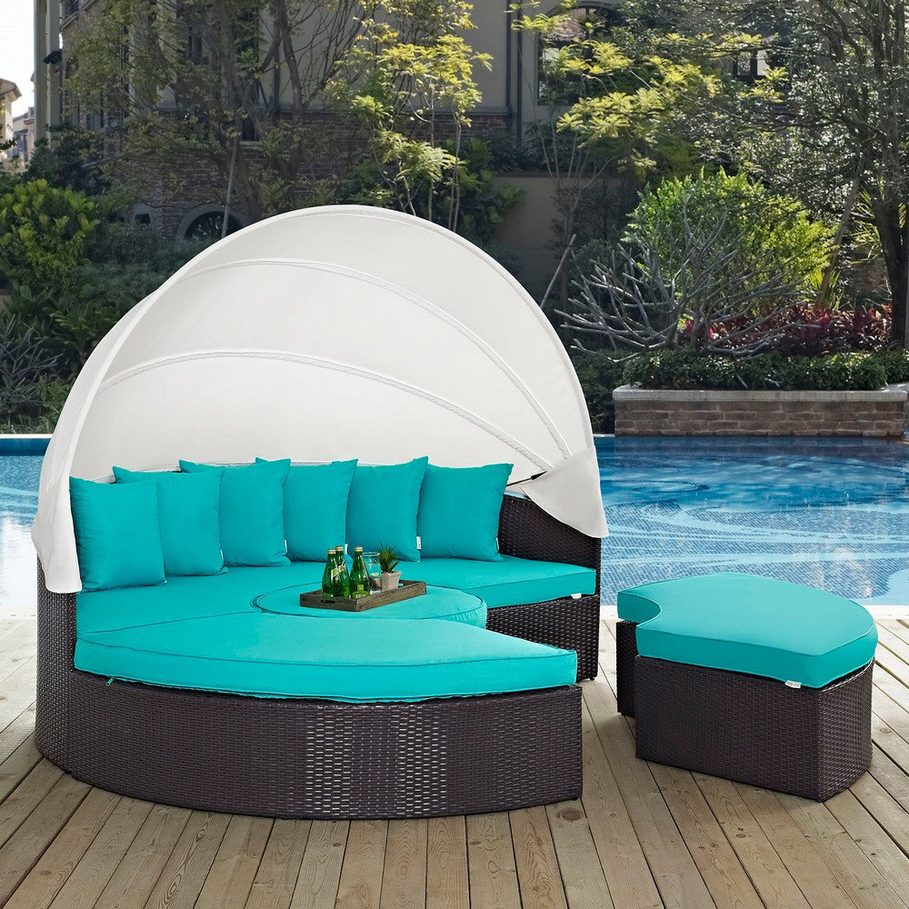 Modway Convene Wicker Rattan Outdoor Patio Retractable Canopy Round Poolside Sectional Sofa Daybed with Cushions in Espresso Turquoise