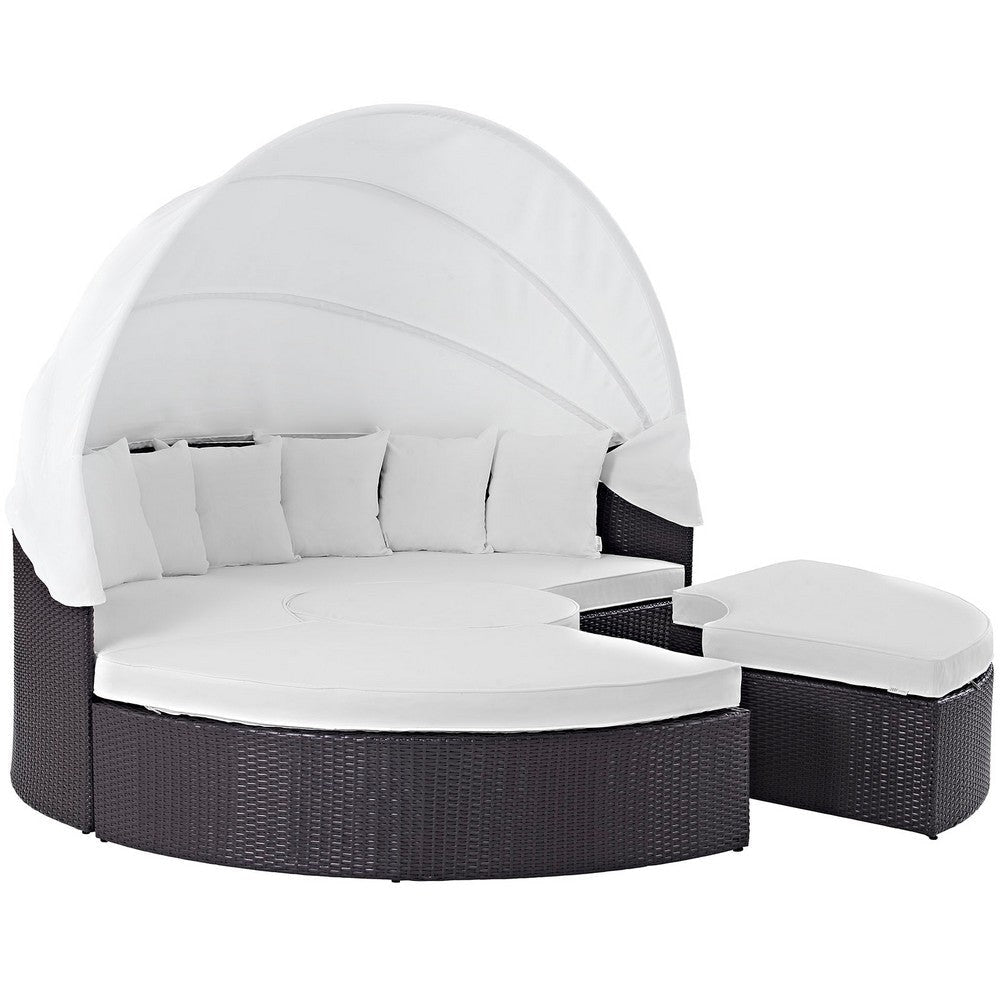 Modway Convene Wicker Rattan Outdoor Patio Retractable Canopy Round Poolside Sectional Sofa Daybed with Cushions in Espresso White