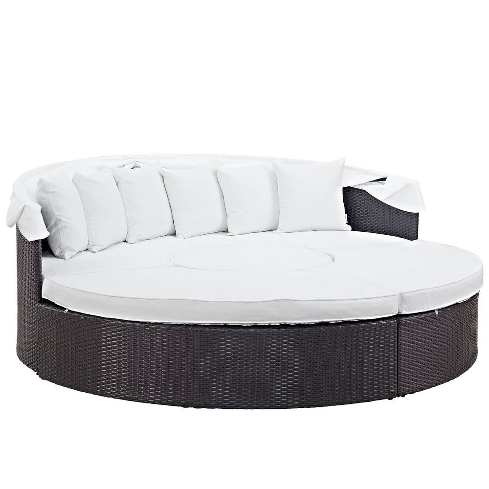 Modway Convene Wicker Rattan Outdoor Patio Retractable Canopy Round Poolside Sectional Sofa Daybed with Cushions in Espresso White