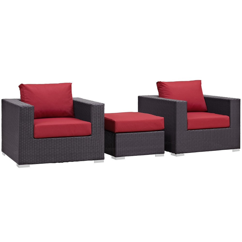 Modway Convene Wicker Rattan 3-Piece Outdoor Patio Furniture Set in Espresso Red