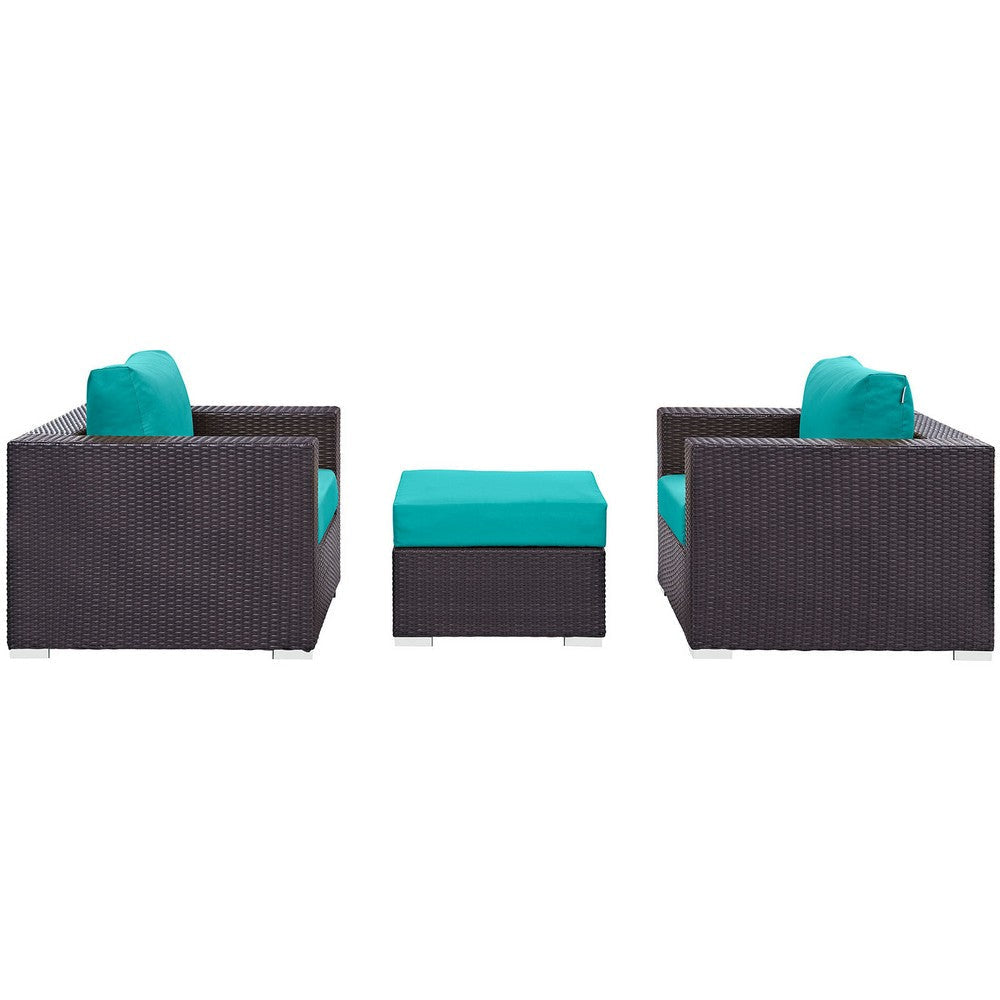 Modway Convene Wicker Rattan 3-Piece Outdoor Patio Furniture Set in Espresso Turquoise MDY-EEI-2174-EXP-TRQ-SET