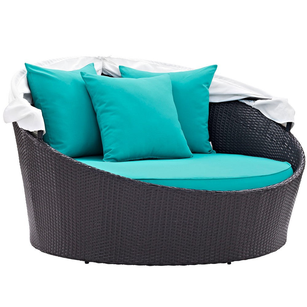 Modway Convene Wicker Rattan Outdoor Patio Retractable Canopy Round Poolside Sofa Daybed in Espresso Turquoise MDY-EEI-2175-EXP-TRQ