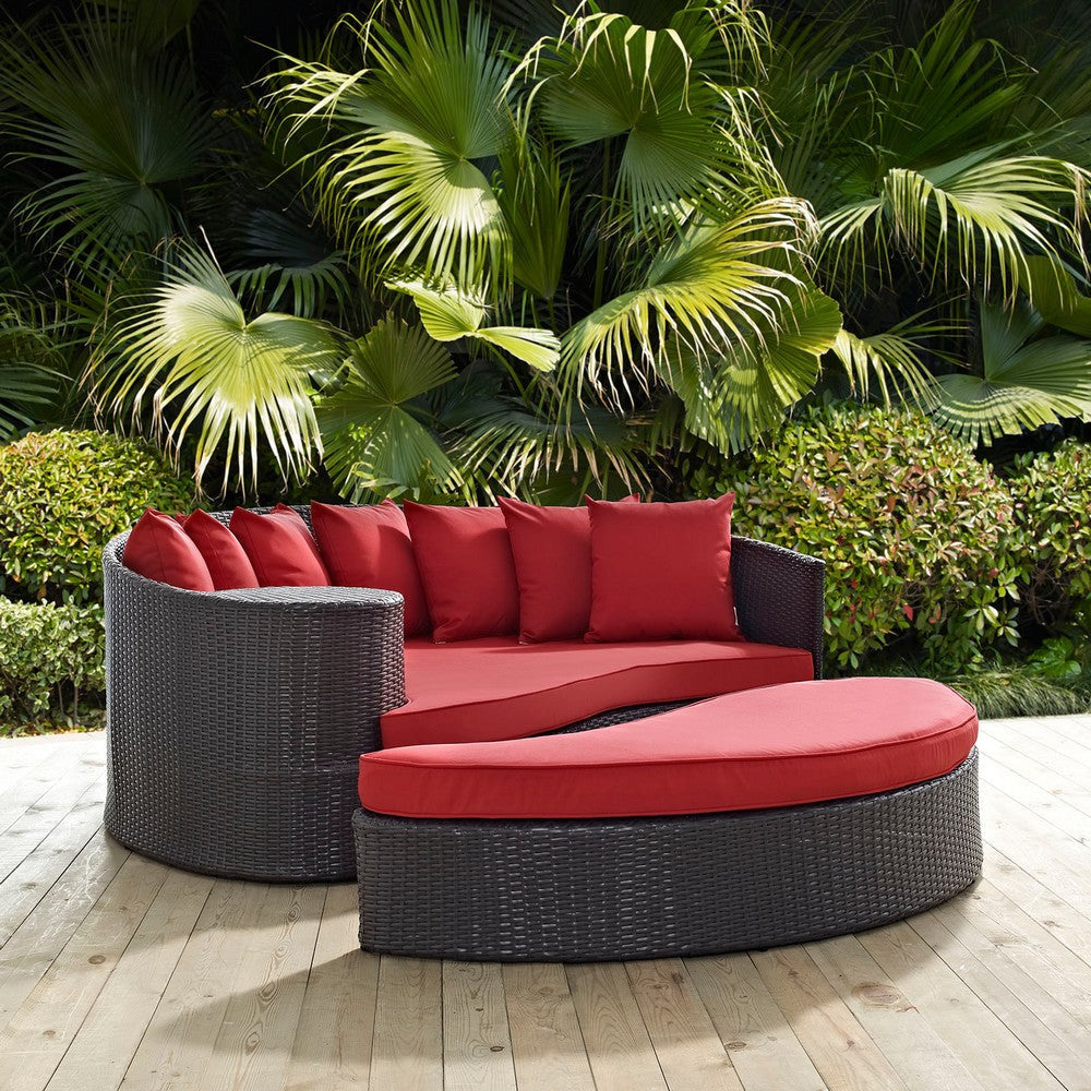 Modway Convene Wicker Rattan Outdoor Patio Poolside Sectional Sofa Daybed with Cushions in Espresso Red MDY-EEI-2176-EXP-RED