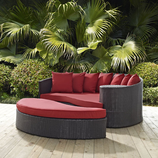 Modway Convene Wicker Rattan Outdoor Patio Poolside Sectional Sofa Daybed with Cushions in Espresso Red MDY-EEI-2176-EXP-RED