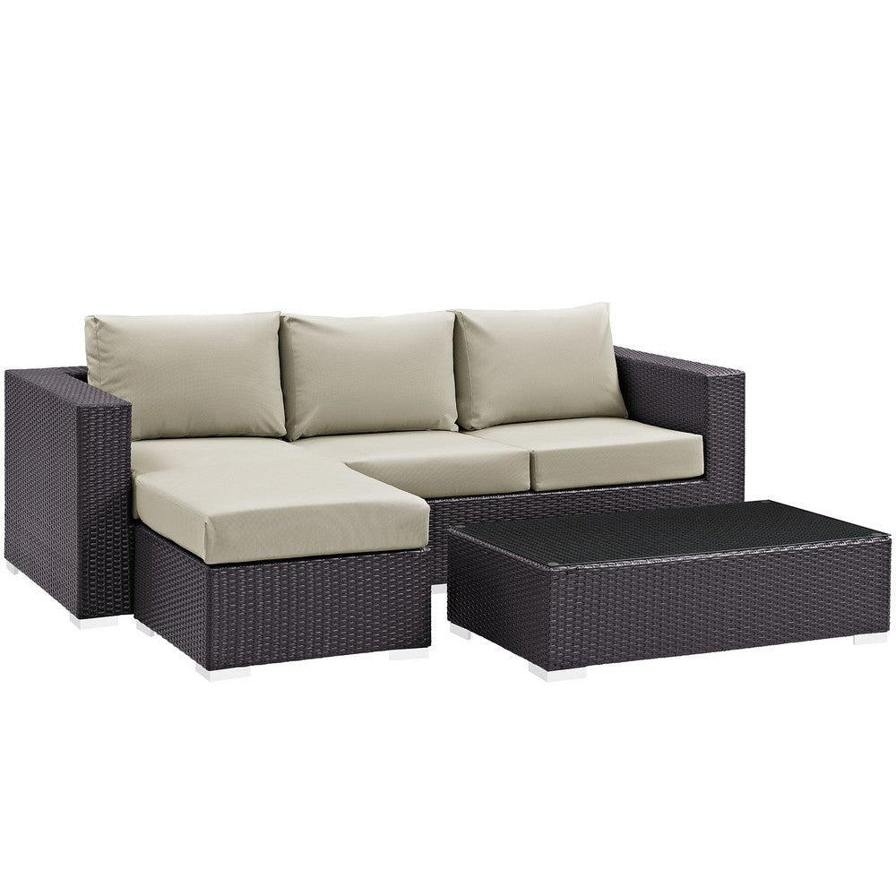 Modway Convene Wicker Rattan 3-Piece Outdoor Patio Furniture Sofa Set in Espresso Beige MDY-EEI-2178-EXP-BEI-SET