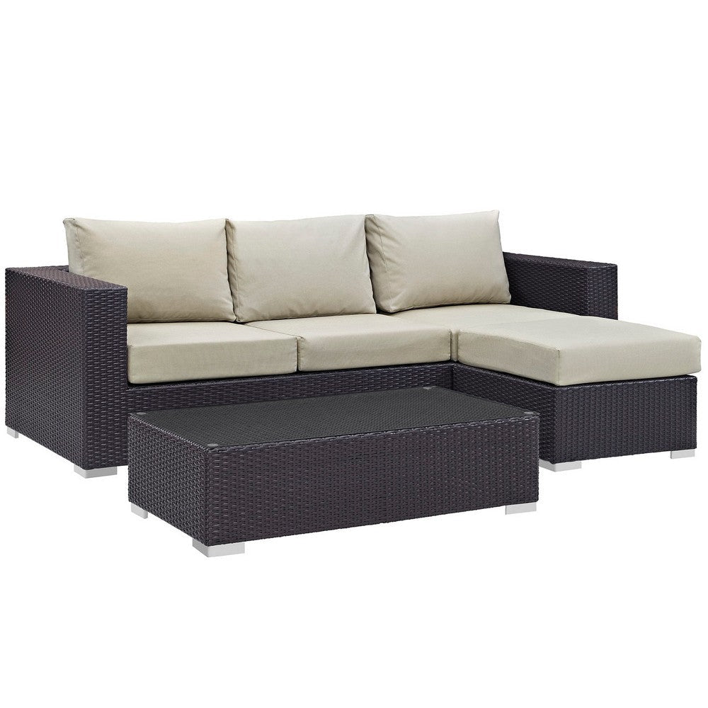 Modway Convene Wicker Rattan 3-Piece Outdoor Patio Furniture Sofa Set in Espresso Beige