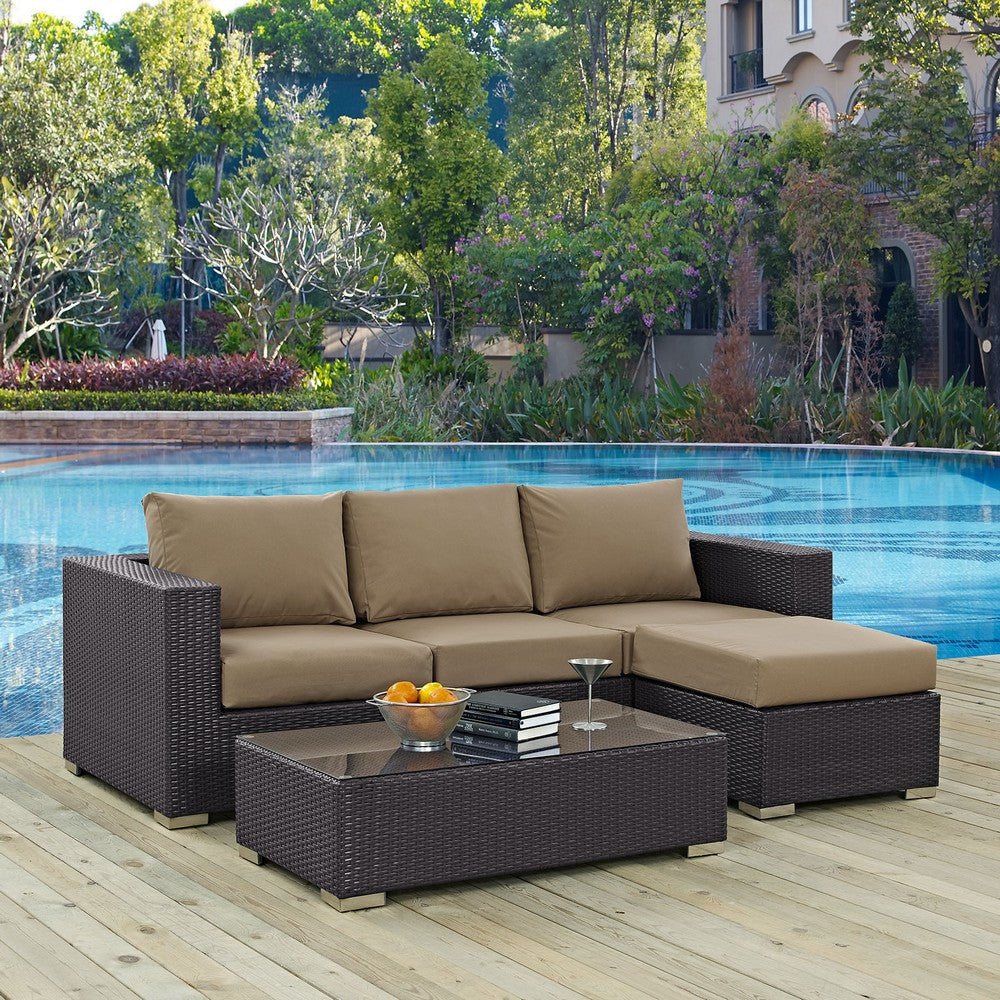 Modway Convene Wicker Rattan 3-Piece Outdoor Patio Furniture Sofa Set in Espresso Mocha MDY-EEI-2178-EXP-MOC-SET