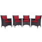 Modway P 4 Piece Set Convene Wicker Rattan Outdoor Patio, Four Dining Armchairs, Red