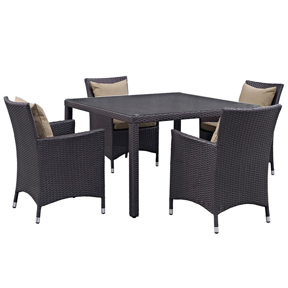 Modway Convene Wicker Rattan 5-Piece Outdoor Patio Dining Set with 47" Square Dining Table and Four Dining Arm Chairs in Espresso Mocha