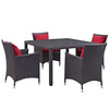 Modway Convene Wicker Rattan 5-Piece Outdoor Patio Dining Set with 47" Square Dining Table and Four Dining Arm Chairs in Espresso Red