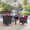 Modway Convene Wicker Rattan 5-Piece Outdoor Patio Dining Set with 47’’ Square Dining Table and Four Dining Arm Chairs in Espresso Red