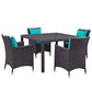 Modway Convene Wicker Rattan 5-Piece Outdoor Patio Dining Set with 47" Square Dining Table and Four Dining Arm Chairs in Espresso Turquoise