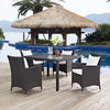 Modway Convene Wicker Rattan 5-Piece Outdoor Patio Dining Set with 47’’ Square Dining Table and Four Dining Arm Chairs in Espresso