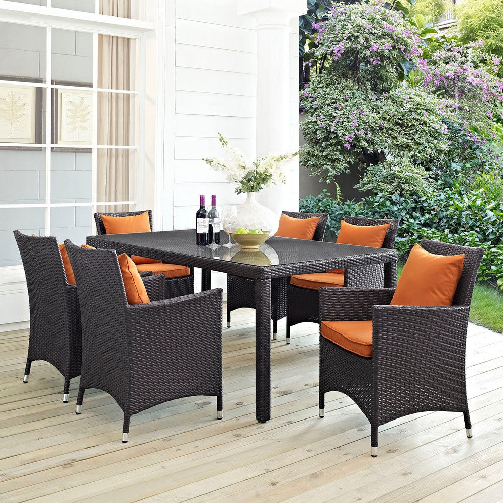 Modway Convene Wicker Rattan 7-Piece Outdoor Patio Dining Set with 71’’ Rectangle Dining Table and Six Dining Arm Chairs in Espresso