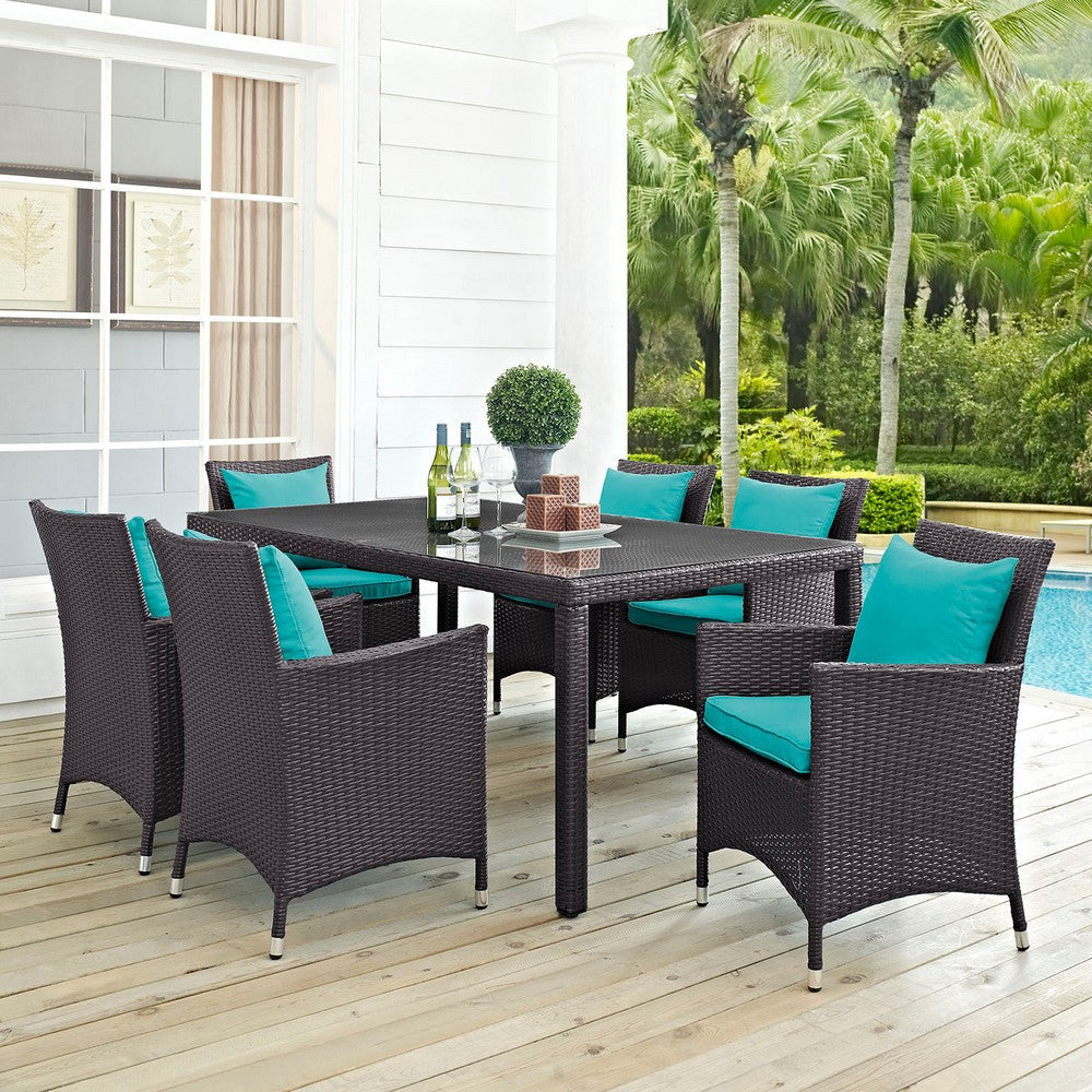 Modway Convene Wicker Rattan 7-Piece Outdoor Patio Dining Set with 71’’ Rectangle Dining Table and Six Dining Arm Chairs in Espresso