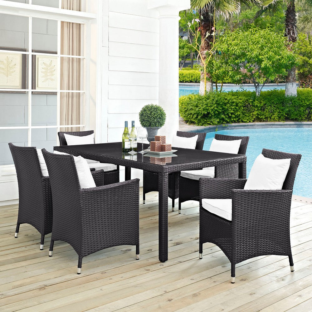 Modway Convene Wicker Rattan 7-Piece Outdoor Patio Dining Set with 71’’ Rectangle Dining Table and Six Dining Arm Chairs in Espresso