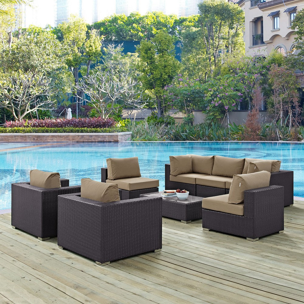 Modway Convene Wicker Rattan 8-Piece Outdoor Patio Sectional Sofa Furniture Set in Espresso Mocha MDY-EEI-2203-EXP-MOC-SET