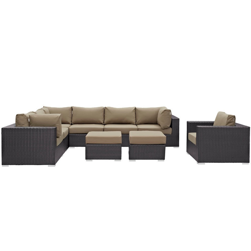 Modway Convene Wicker Rattan 9-pc Outdoor Patio Sectional Sofa Furniture Set in Espresso Mocha