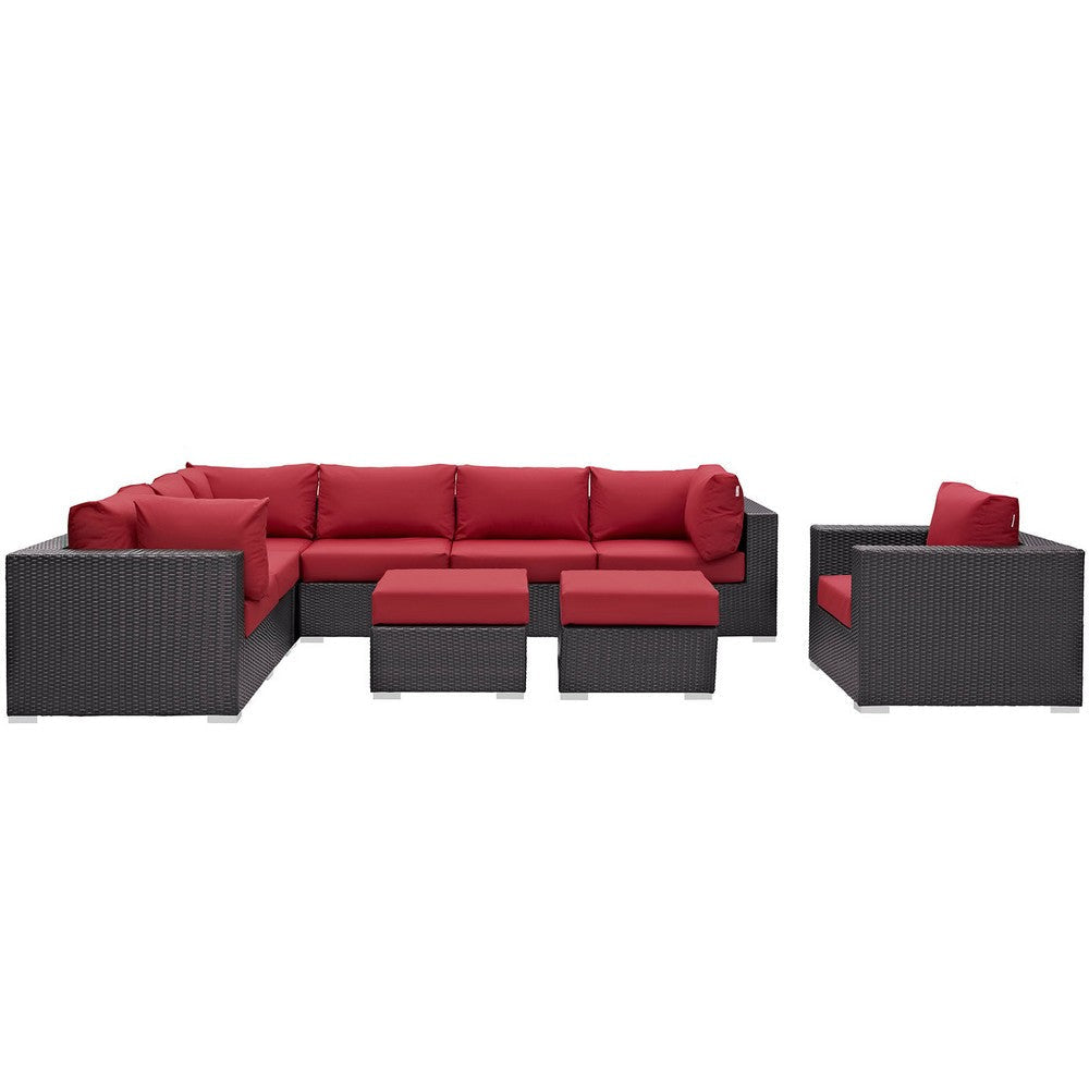 Modway Convene Wicker Rattan 9-Piece Outdoor Patio Sectional Sofa Furniture Set in Espresso Red