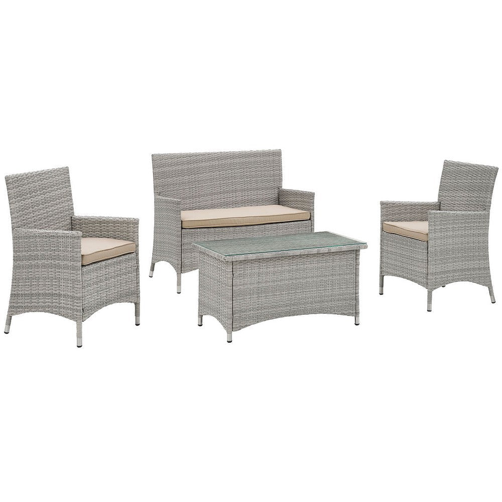 Modway Bridge Wicker Rattan 4-Piece Outdoor Patio Furniture Set in Light Gray Beige