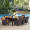 Modway Convene 9-pc Outdoor Patio Dining Set with Washable Cushion Covers in Espresso Orange MDY-EEI-2217-EXP-ORA-SET