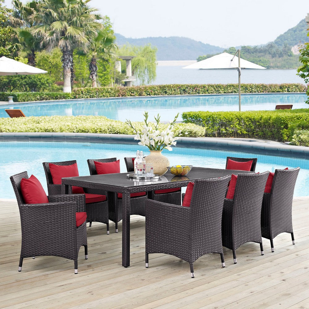 Modway Convene 9-pc Outdoor Patio Dining Set with Washable Cushion Covers in Espresso Red MDY-EEI-2217-EXP-RED-SET