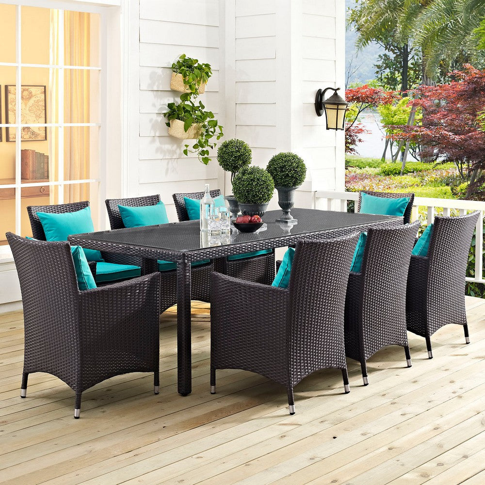 Modway Convene 9-pc Outdoor Patio Dining Set with Washable Cushion Covers in Espresso Turquoise MDY-EEI-2217-EXP-TRQ-SET