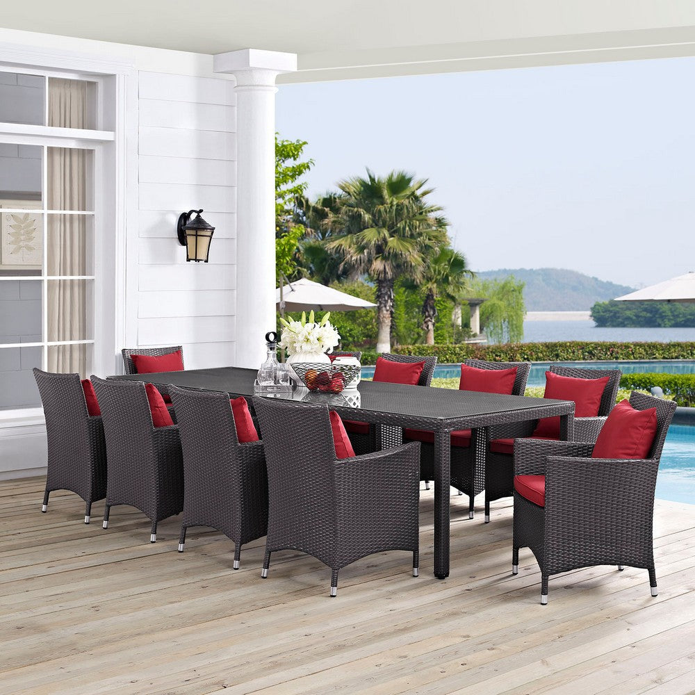 Modway Convene 11-pc Outdoor Patio Dining Set with Washable Cushion Covers in Espresso Red MDY-EEI-2219-EXP-RED-SET