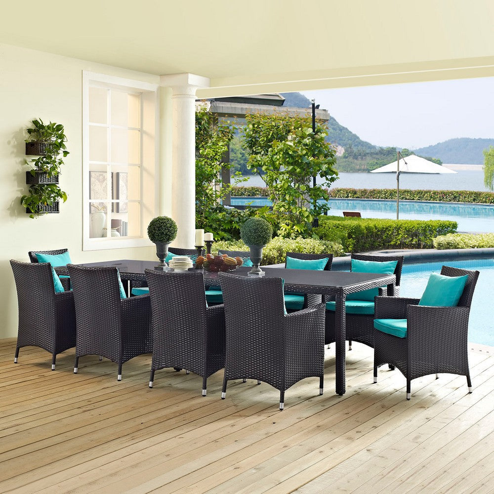 Modway Convene 11-pc Outdoor Patio Dining Set with Washable Cushion Covers in Espresso Turquoise MDY-EEI-2219-EXP-TRQ-SET