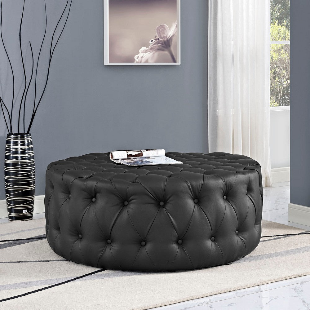 Modway Amour Faux Leather Button-Tufted Round Ottoman in Black