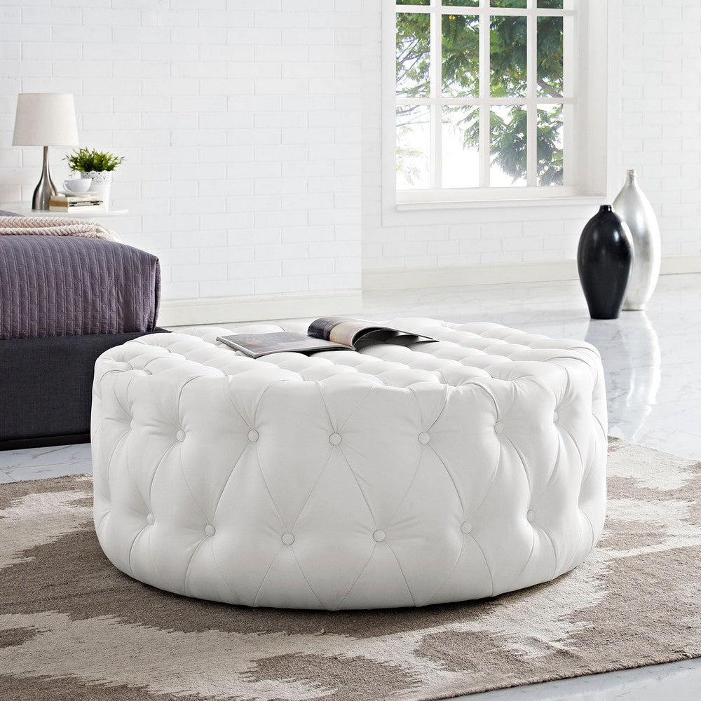 Modway Amour Faux Leather Button-Tufted Round Ottoman in White