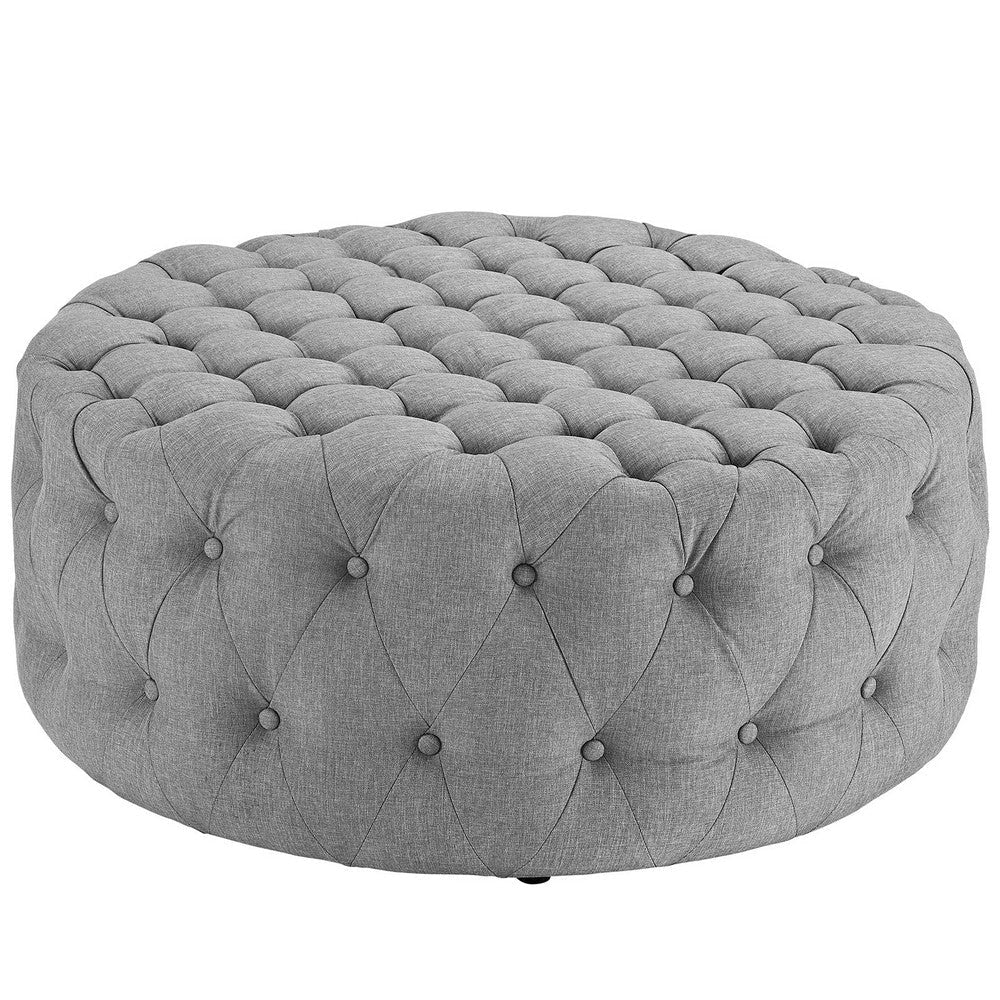 Modway Amour Fabric Upholstered Button-Tufted Round Ottoman in Light Gray