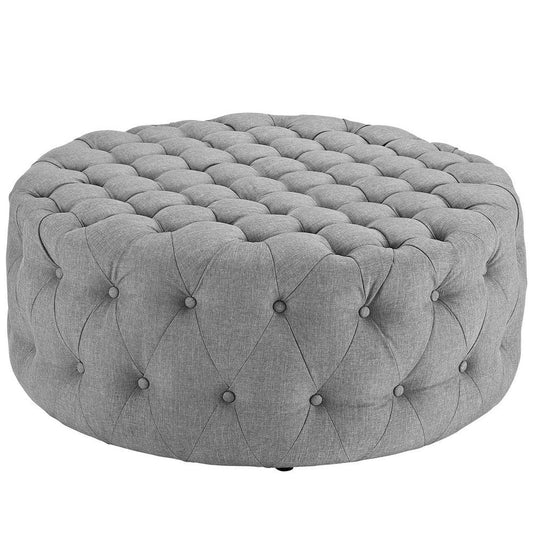 Modway Amour Fabric Upholstered Button-Tufted Round Ottoman in Light Gray