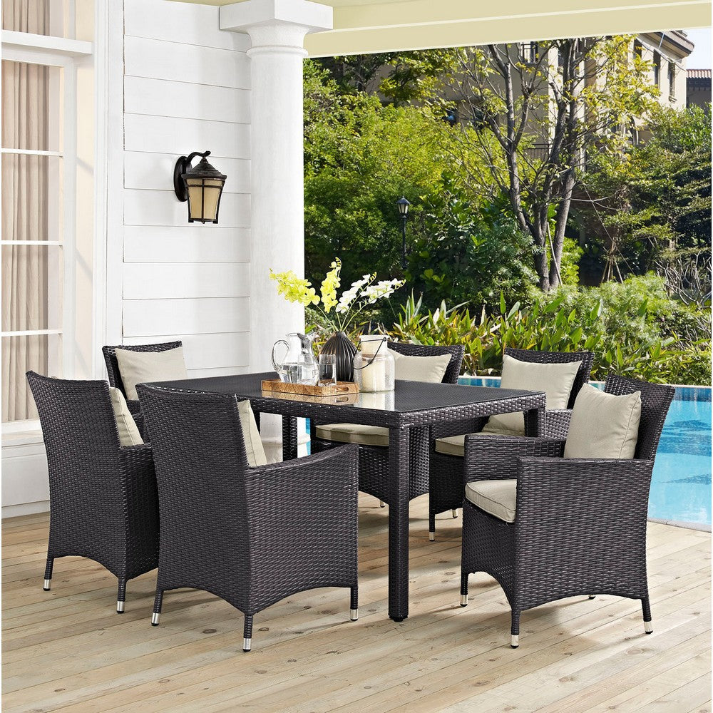 Modway Convene Wicker Rattan 7-Piece Outdoor Patio Dining Set in Espresso Beige MDY-EEI-2241-EXP-BEI-SET