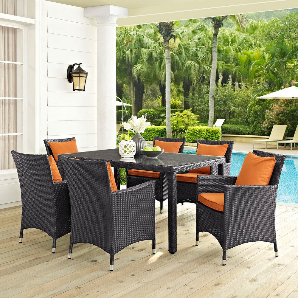 Modway Convene Wicker Rattan 7-Piece Outdoor Patio Dining Set in Espresso Orange MDY-EEI-2241-EXP-ORA-SET