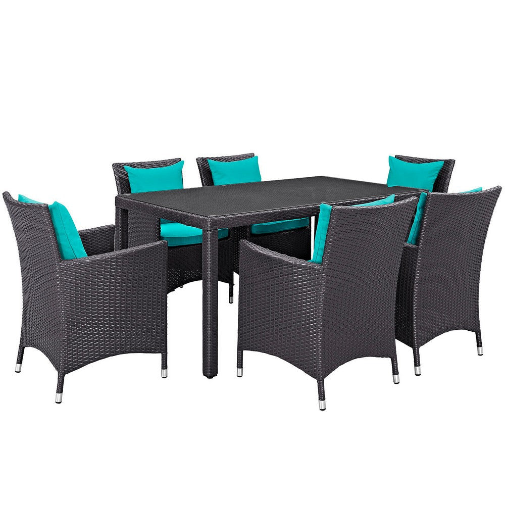 Modway Convene Wicker Rattan 7-Piece Outdoor Patio Dining Set in Espresso Turquoise