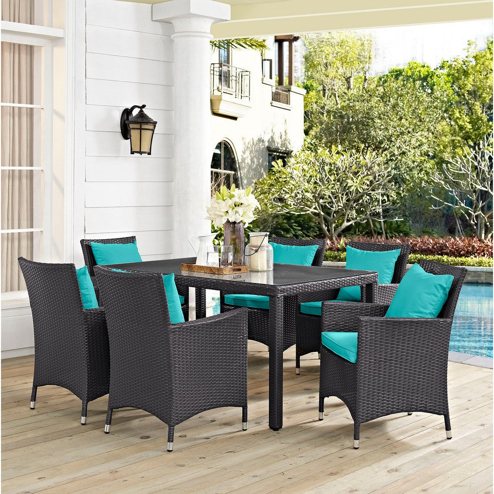 Modway Convene Wicker Rattan 7-Piece Outdoor Patio Dining Set in Espresso Turquoise MDY-EEI-2241-EXP-TRQ-SET