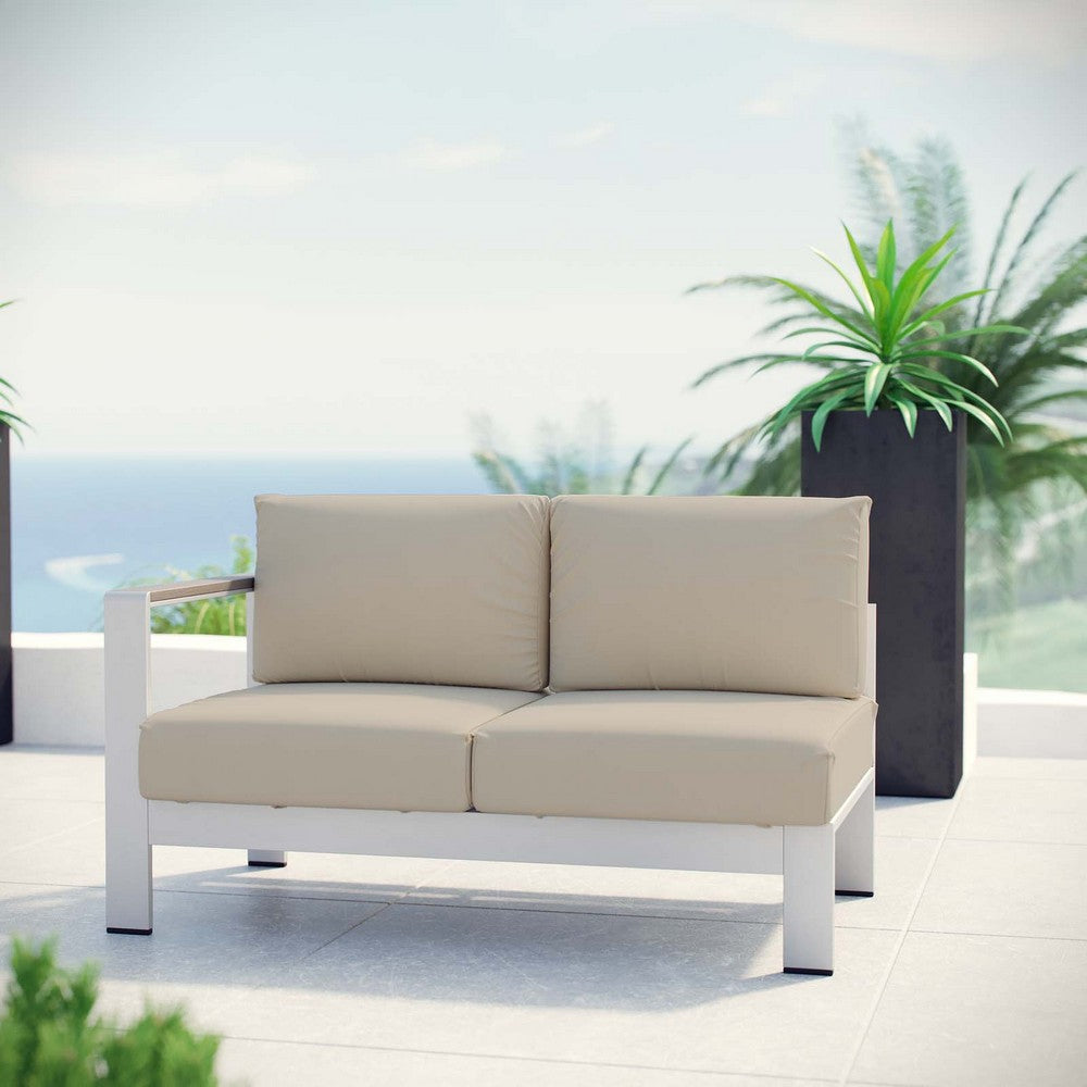 Modway Shore Aluminum Outdoor Patio Left Arm Loveseat in Silver Beige