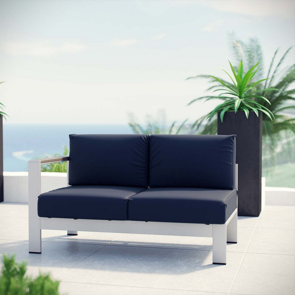 Modway Shore Aluminum Outdoor Patio Left Arm Loveseat in Silver Navy