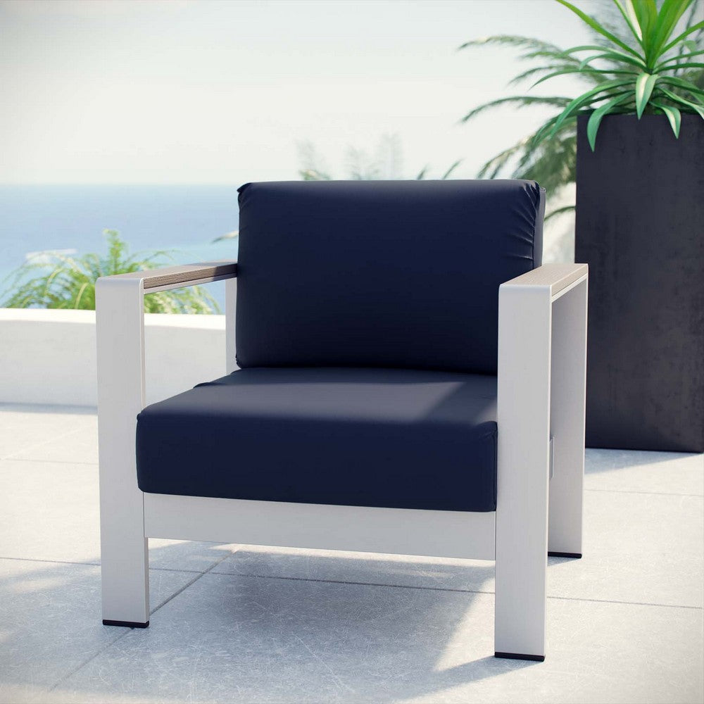 Modway Shore Aluminum Outdoor Patio Armchair in Silver Navy