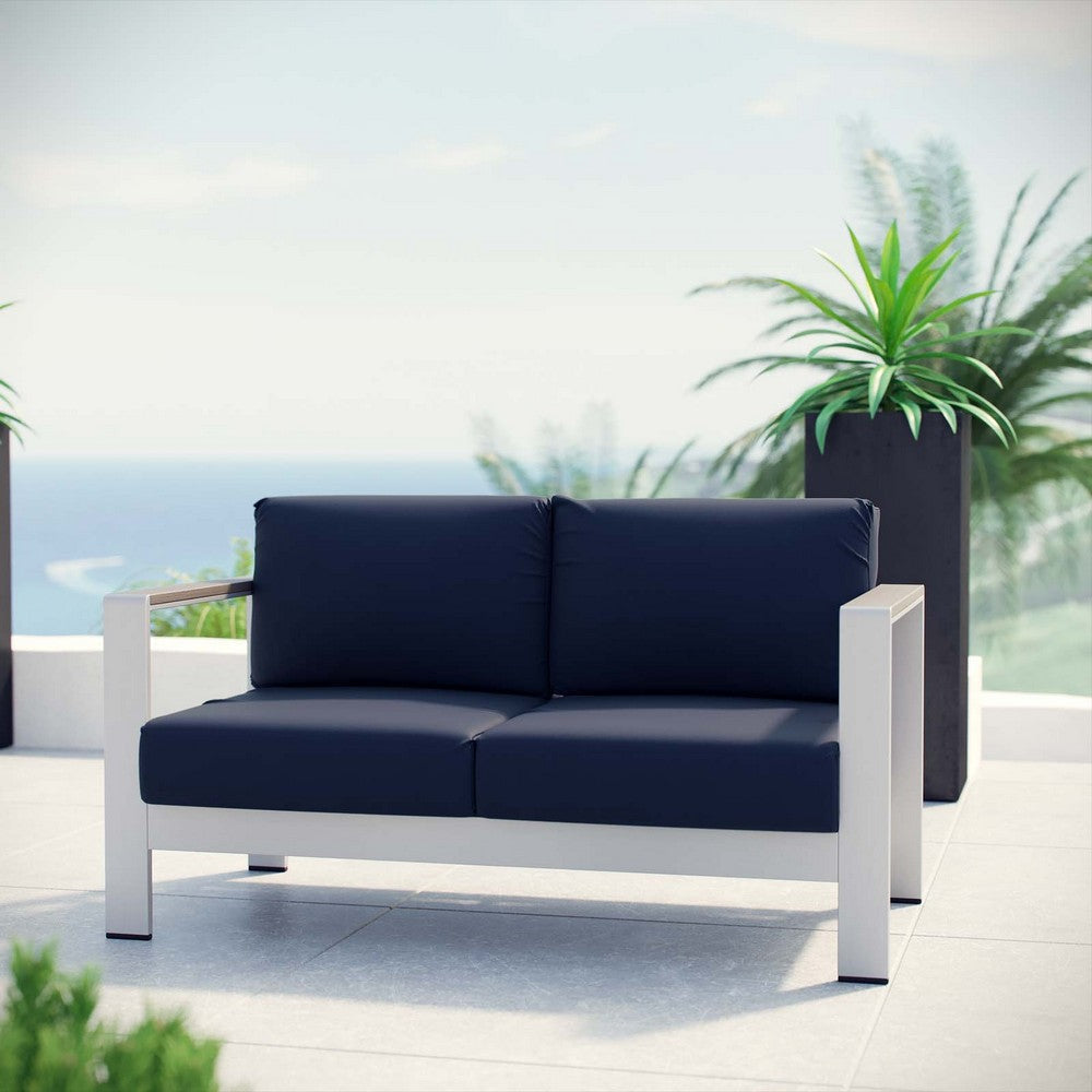 Modway Shore Aluminum Outdoor Patio Loveseat in Silver Navy