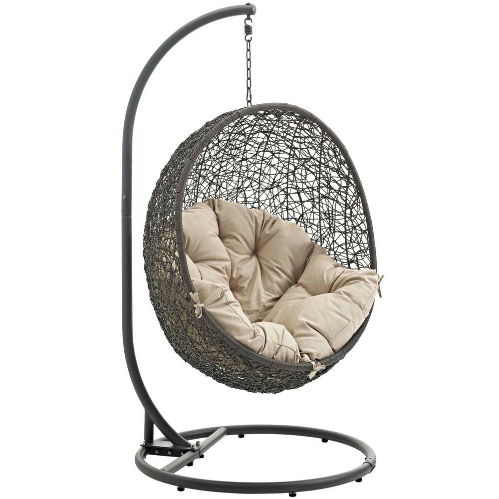 Modway EEI-2273-GRY-BEI Hide Wicker Rattan Outdoor Patio Porch Lounge Egg Set, Swing Chair with Stand, Beige