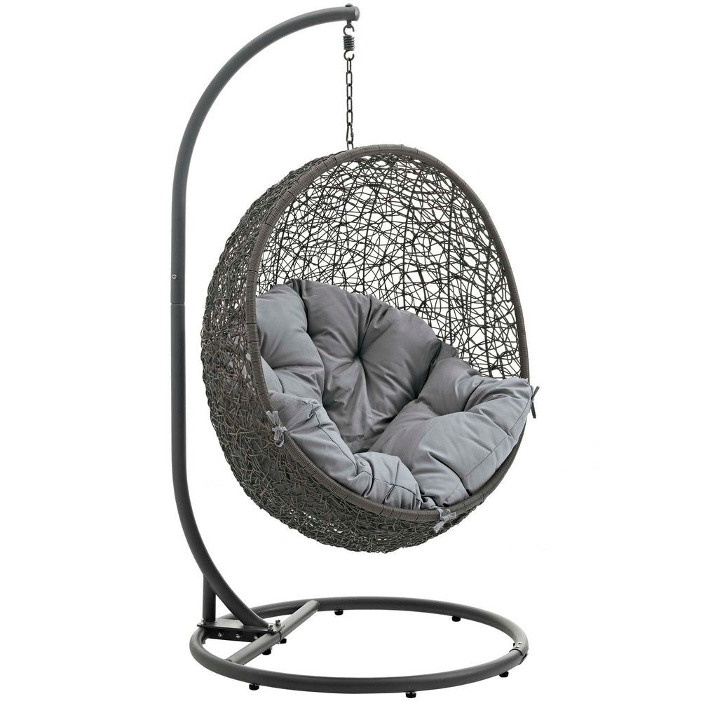 Modway Hide Wicker Rattan Outdoor Patio Porch Lounge Egg Swing Chair Set with Stand in Gray